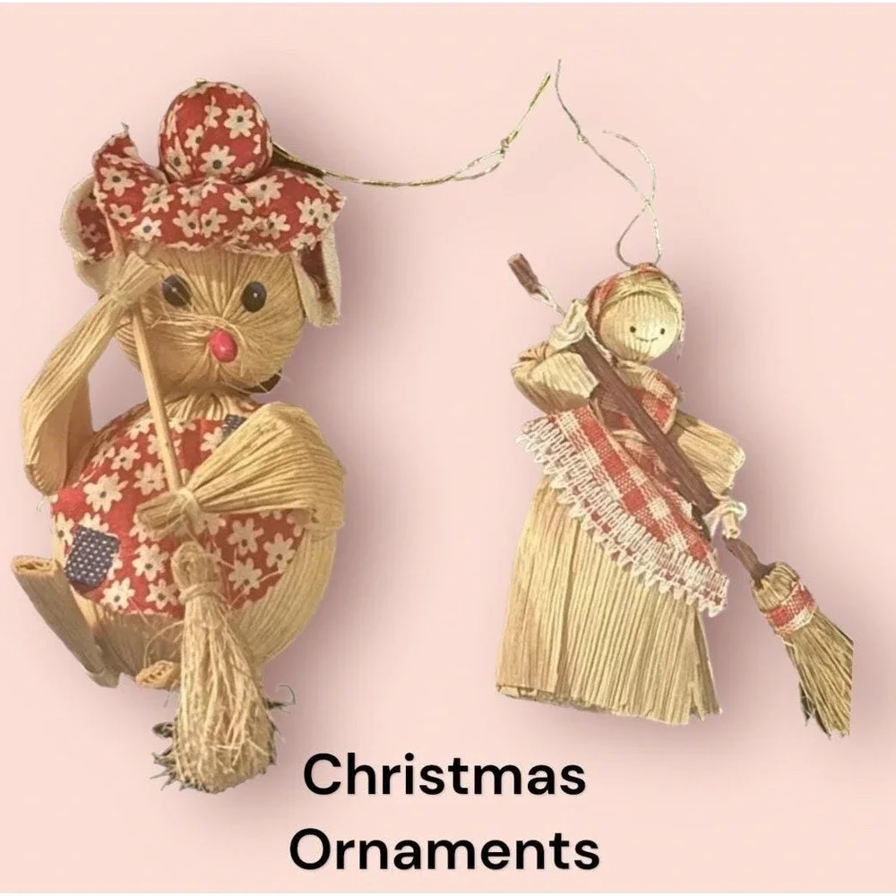 Corn Husk Ornaments Sweeping Woman Corn Husk Doll & Sweeping Mouse Lot Of 2